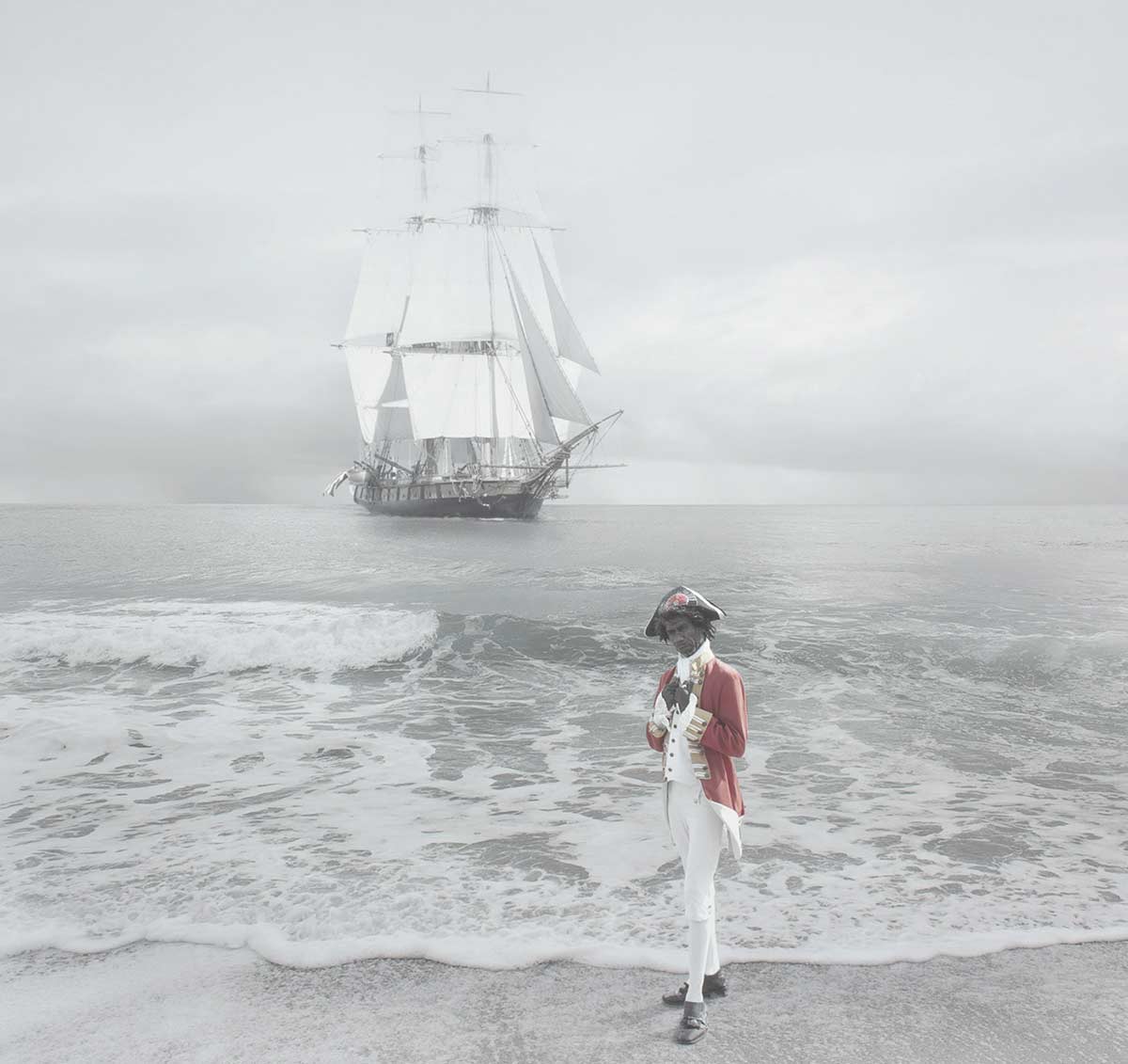 Painting of an Indigenous man dressed in a naval captain's uniform standing on the beach with a sailing ship in the background.