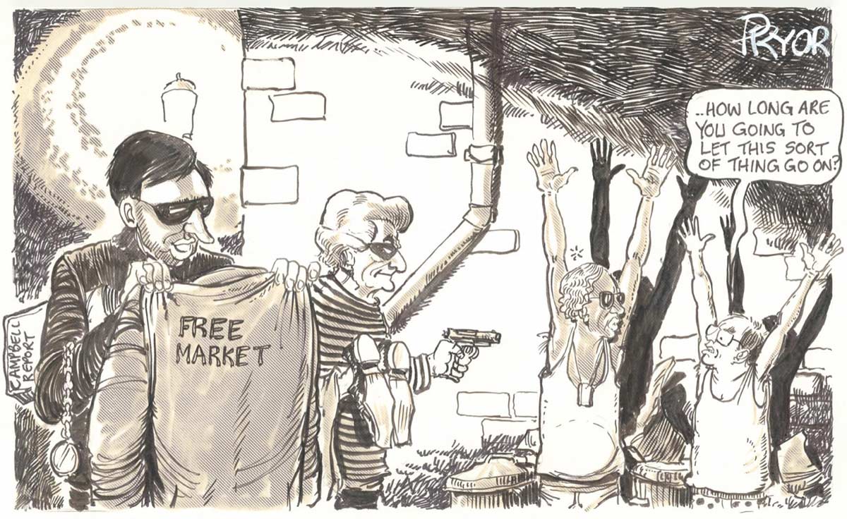 Cartoon representing Hawke and Keating as muggers holding up Andrew Peacock and John Howard. Peacock asks Howard: ‘How long are you going to let this sort of thing go on?’