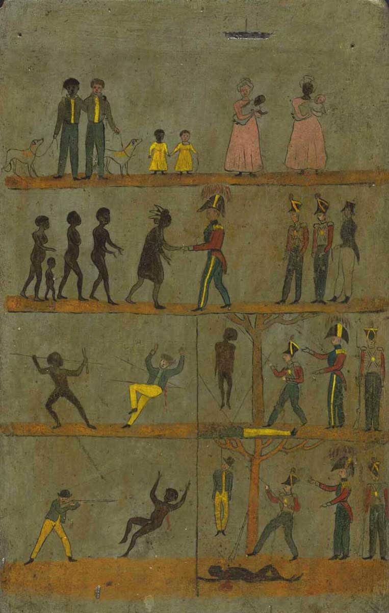 A poster without text showing in muted colours six scenarios. The first two are of European and Aboriginal men, women and children mingling amicably. The last four show that if an Aboriginal man spears a European he will be hanged, and that if a European man shoots an Aboriginal he too will be hanged - click to view larger image