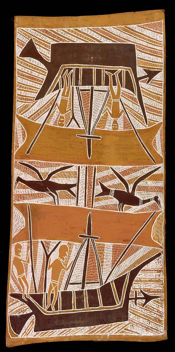 Bark painting depicting Makasar in boats - click to view larger image