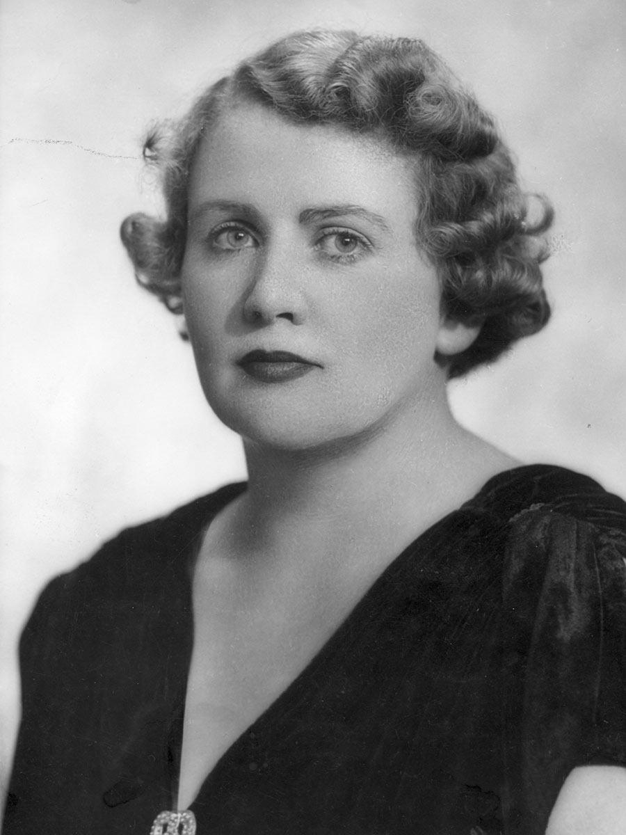Black and white photo of Dorothy Tangney looking straight at camera. - click to view larger image