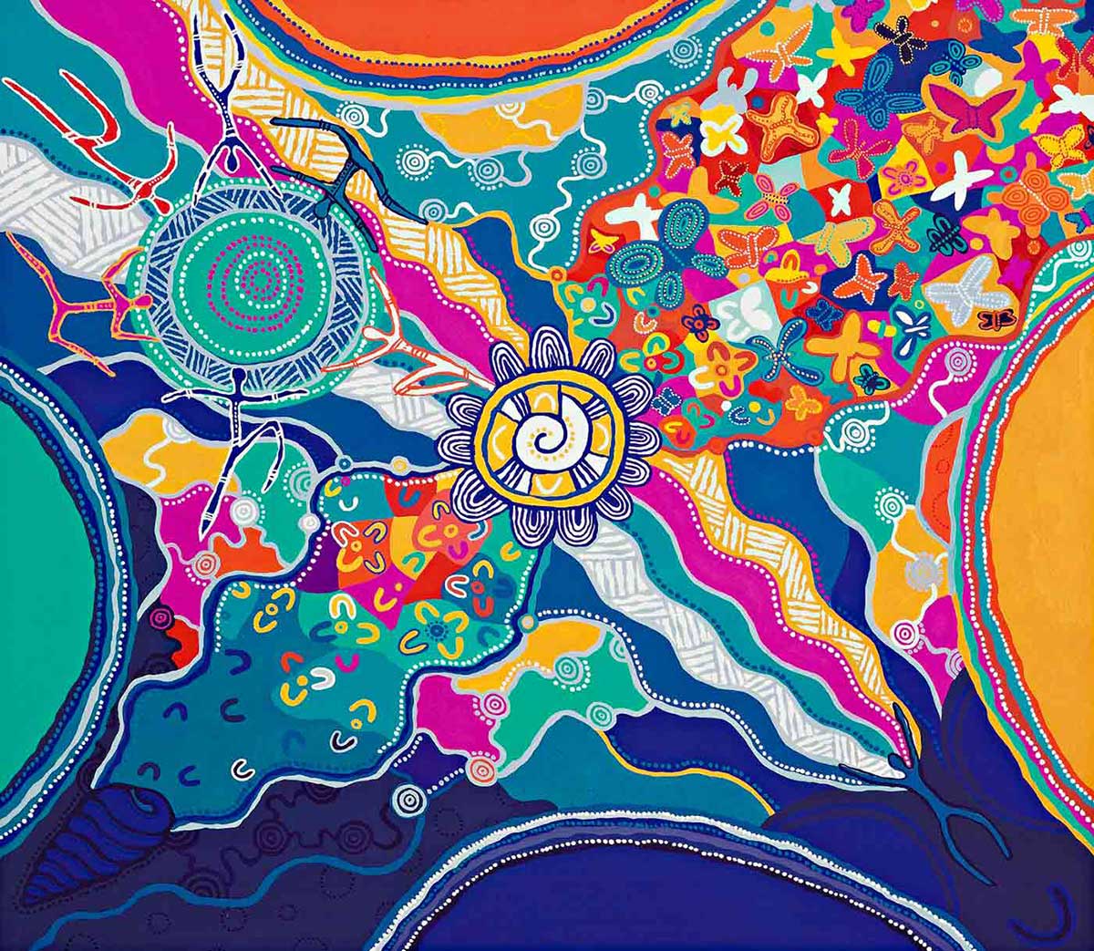 A gouache painting on paper set in white mount. The multicoloured design features a central sphere with a spiral and groups of concentric arches around the edge. There are four half circles, one on each border of the painting, with bands of colours and white dots around the edges. They are red, teal green, dark blue and yellow ochre. There are wavey bands of blue, white, teal green, deep pink and yellow, with hatching, that cross diagonally from lower right to upper left. There is a blue silhouette figure in the lower right and five more around a teal blue sphere. Crossing diagonally from lower left to upper right is a band of small, multicoloured shapes on a blue background at the bottom, and a red background at the top.