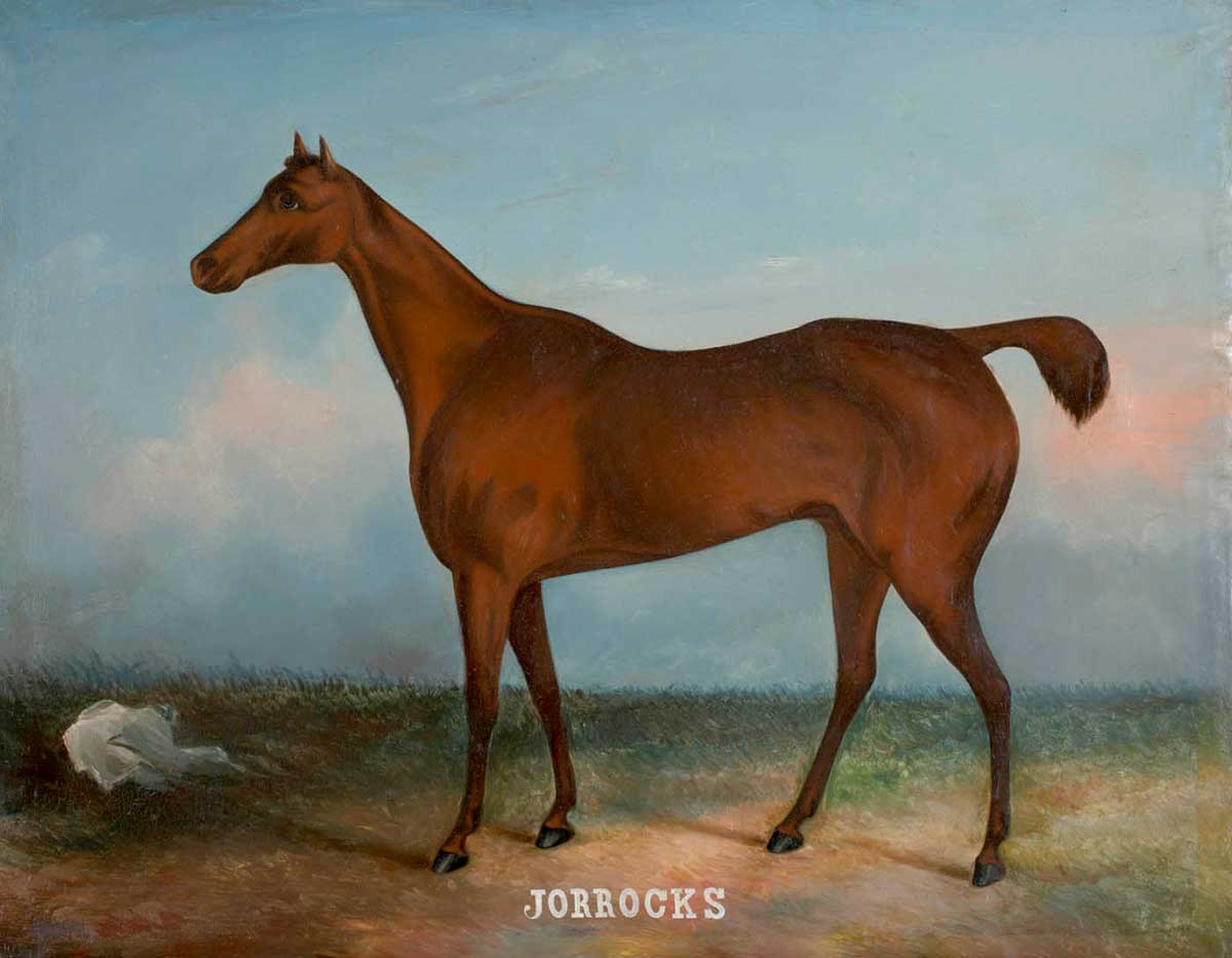 Painting showing side view of a racehorse with 'JORROCKS' painted in white underneath.