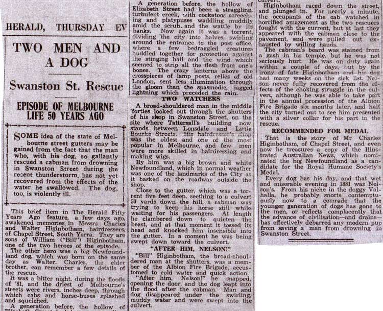 Three-column newspaper clipping headed 'TWO MEN AND A DOG' with 'HERALD, THURSDAY EV' at the top of the clip. - click to view larger image
