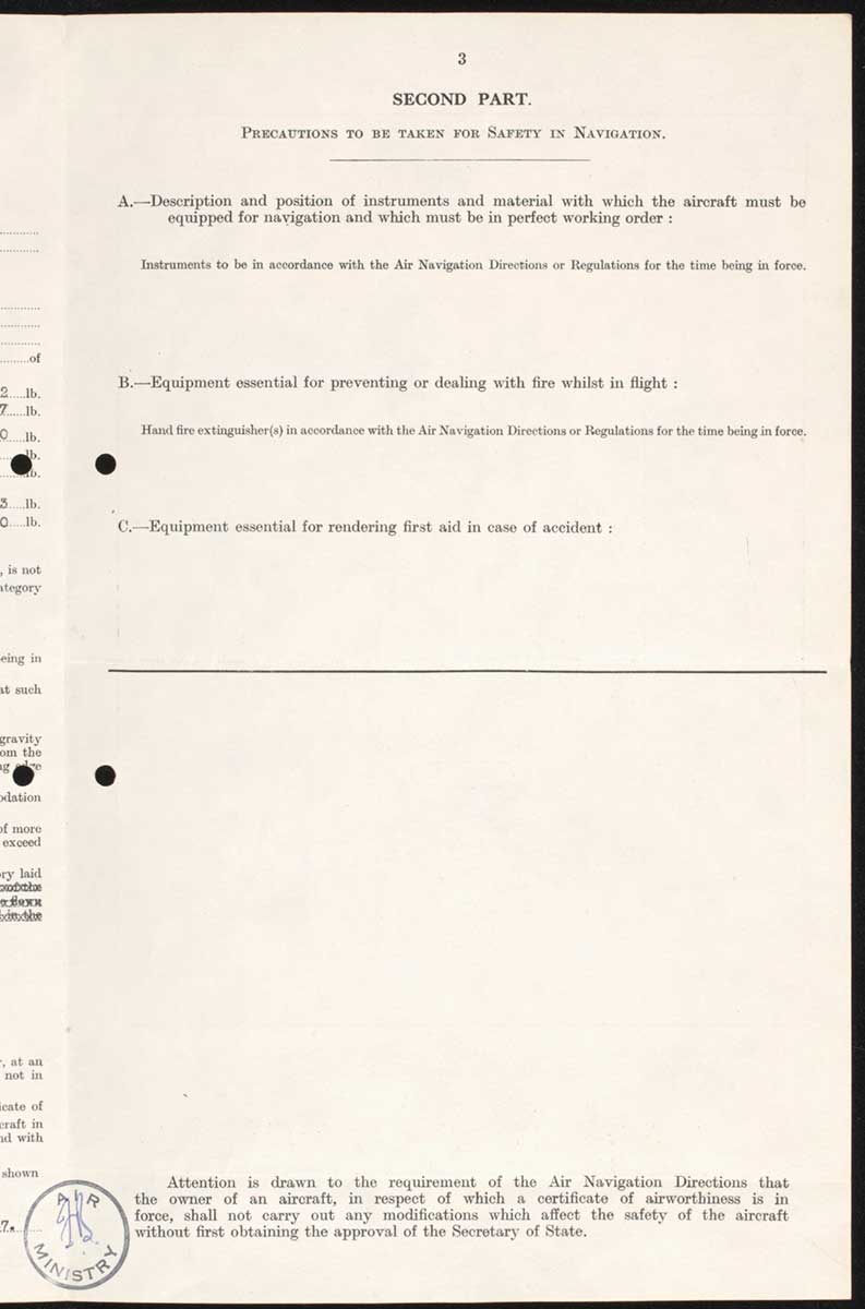 Copy of Page 3 of the Certificate of Airworthiness, listing 'Precautions to be taken for safety in navigation'. - click to view larger image
