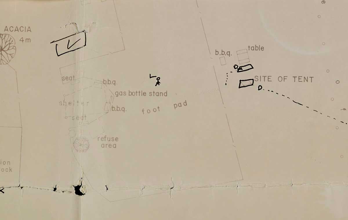 Map with typed campsite details, including 'bbq' and 'site of tent', with hand drawn figure and tent image. - click to view larger image
