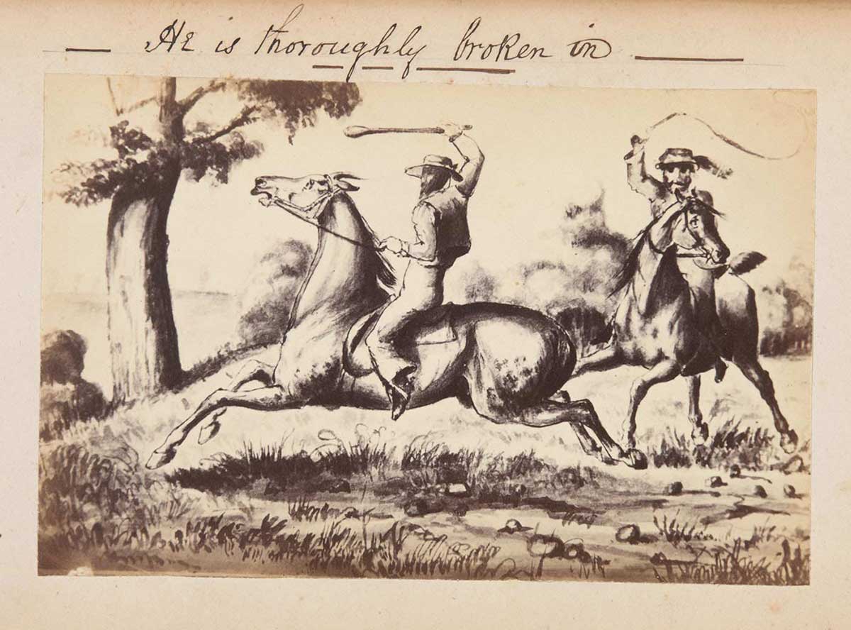 Illustration of two men on horses, both men swinging whips in the air. There is text at the top that reads 'He is thoroughly broken in'. - click to view larger image