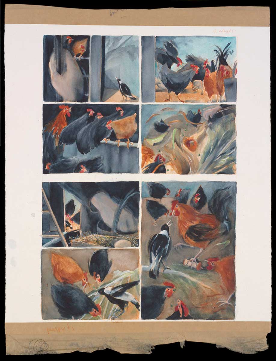 A painting, divided into seven panels, depicting chickens and a magpie feeding. - click to view larger image