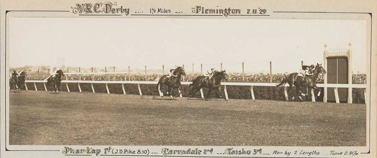 A black and white photo of Phar Lap winning the VRC Derby, 1929. - click to view larger image
