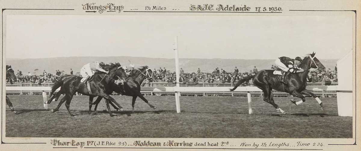 A black and white photo of Phar Lap winning the King's Cup, 1930. - click to view larger image