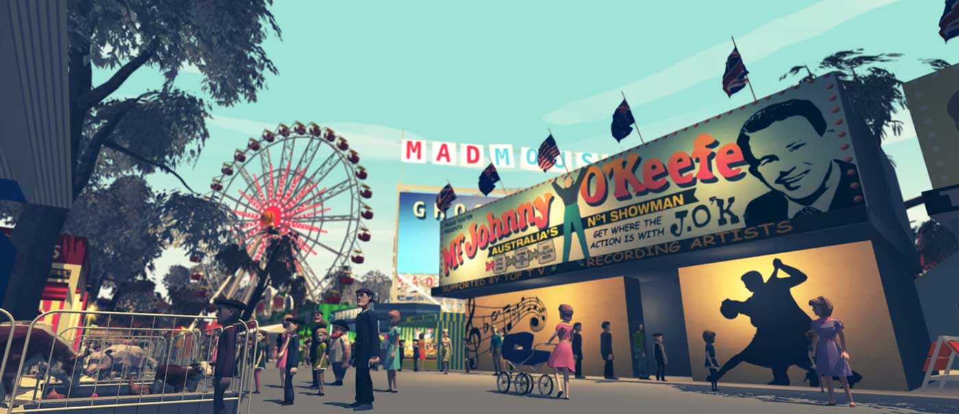 An artistic impression of people walking through the sideshow alley at the Royal Adelaide Show. 