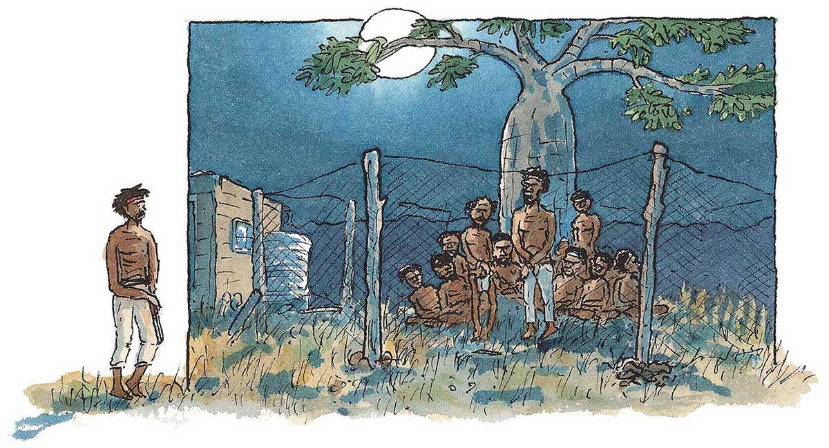 An illustration of a group of men behind a wire fence.  Jandamarra stands outside the fence, looking at the men. - click to view larger image