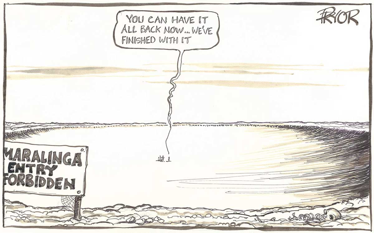 Cartoon showing someone talking to a group of people in the middle of a vast crater. A sign in the foreground reads Maralinga – entry forbidden. - click to view larger image