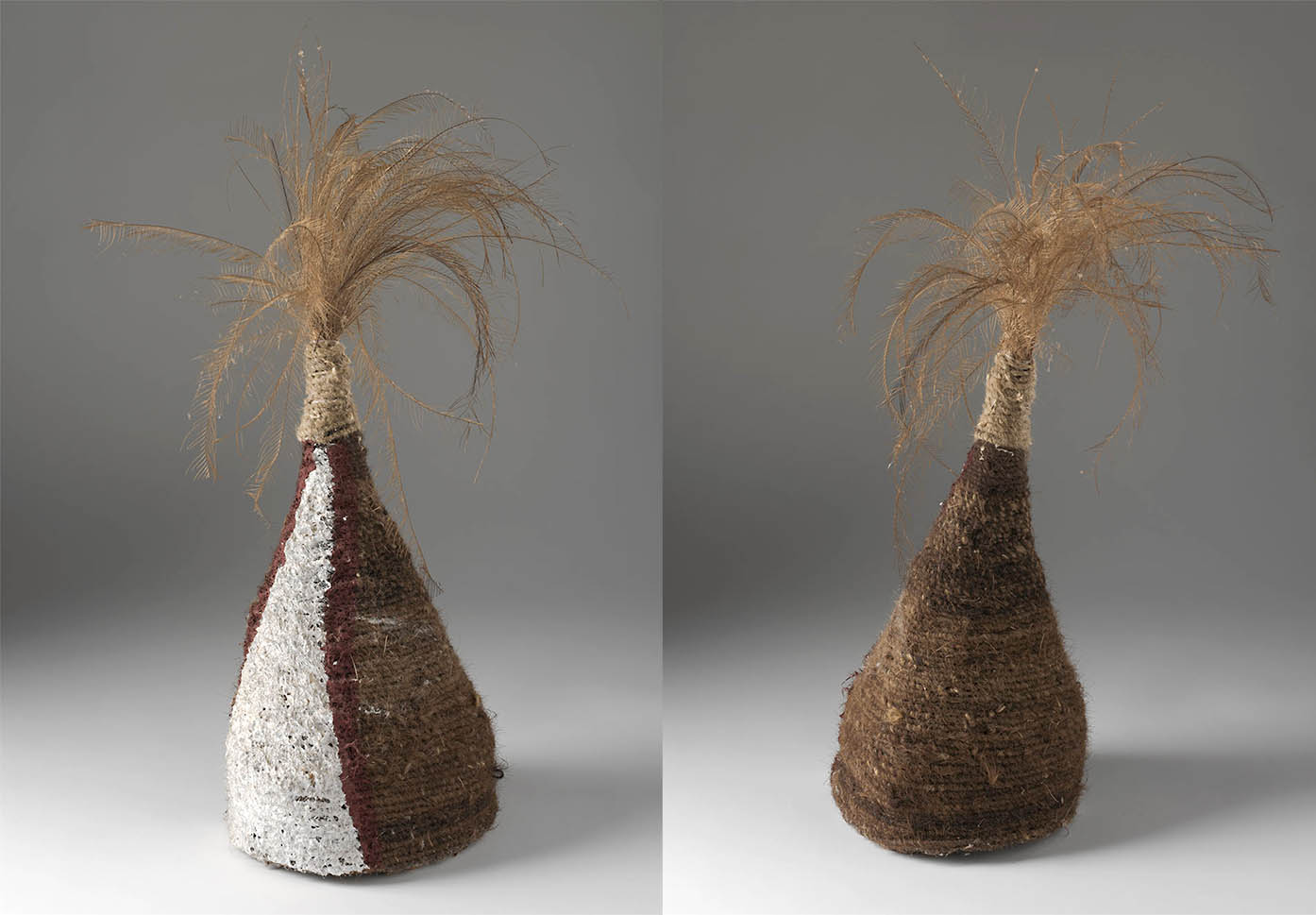 Two images side-by-side of Mornington Island headdress. To the left the front view.