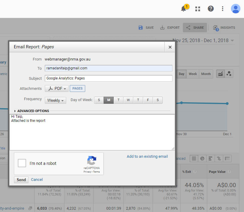 screenshot of scheduled emails screen in google analytics