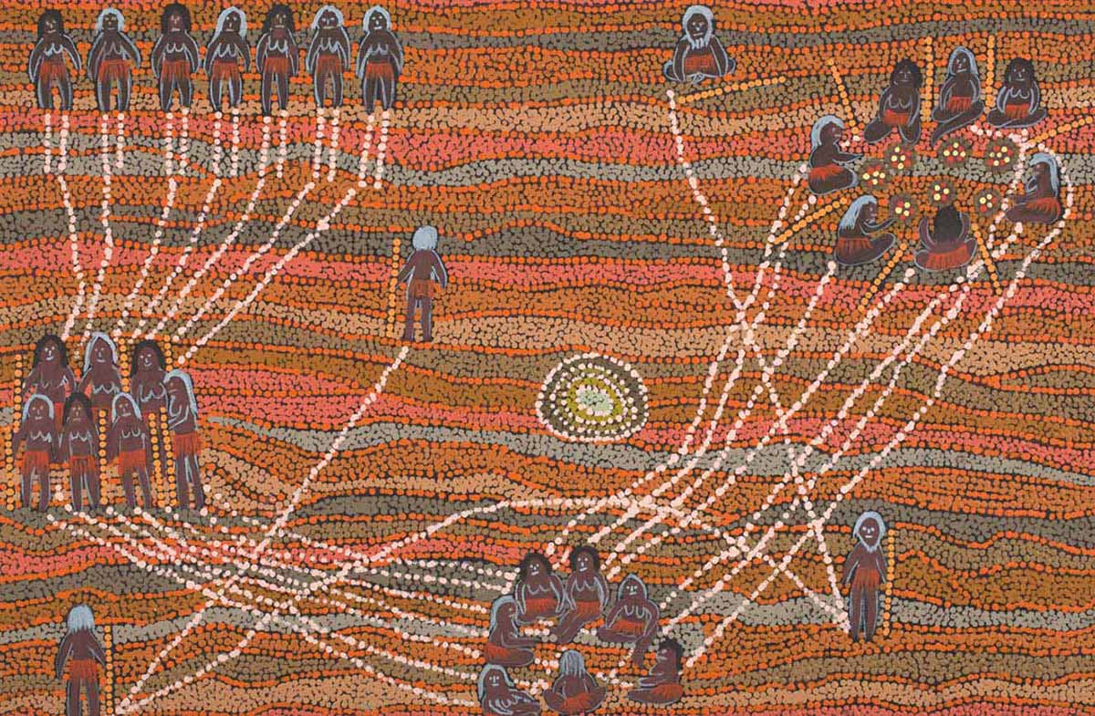 An acrylic painting on canvas showing groups of people and individuals, connected by white dotted lines. The background is made of dot infill in predominantly red and orange tones. - click to view larger image