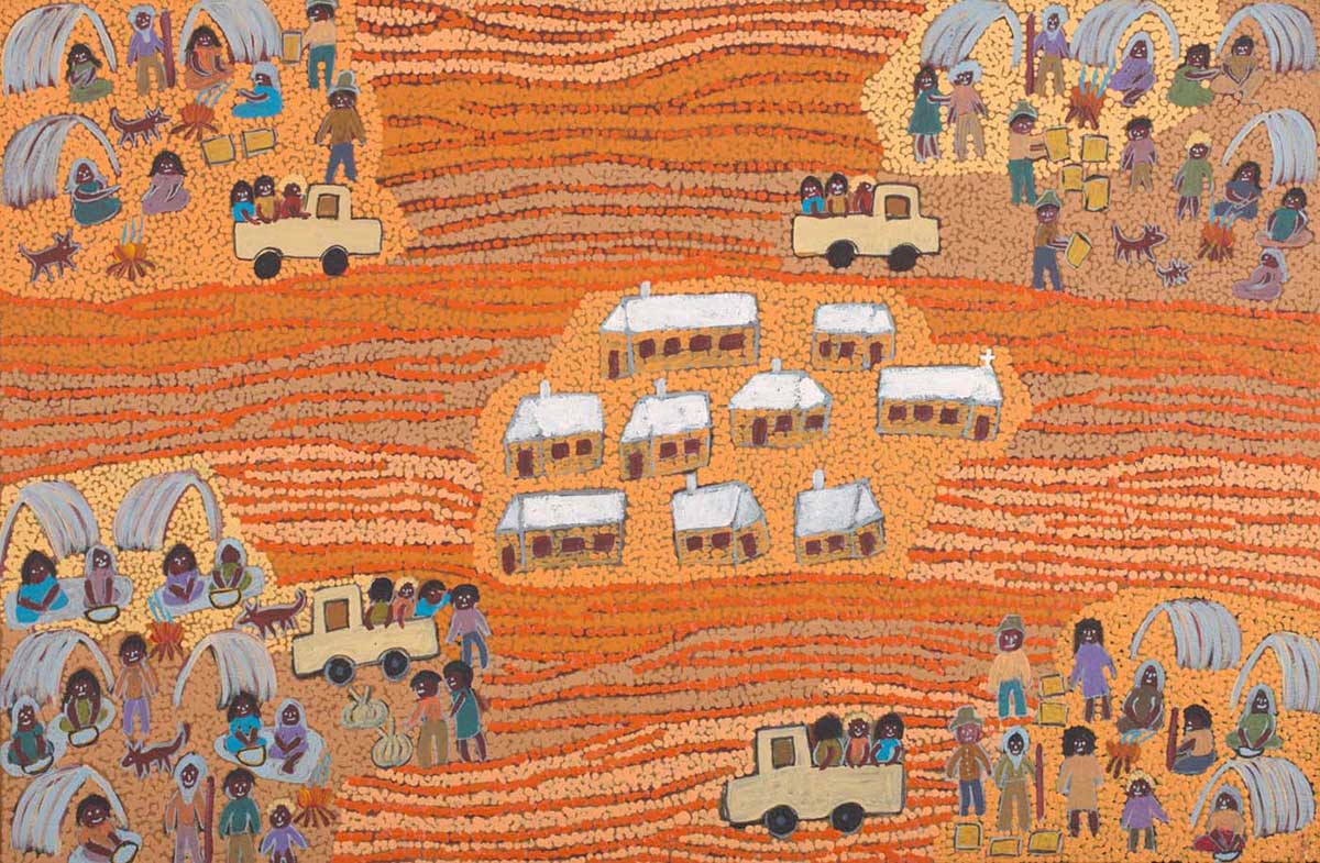 An acrylic painting on canvas showing buildings in the middle with groups of people in shelters and vehicles in each of the corners. The background is made up of dot infill in orange and yellow. - click to view larger image