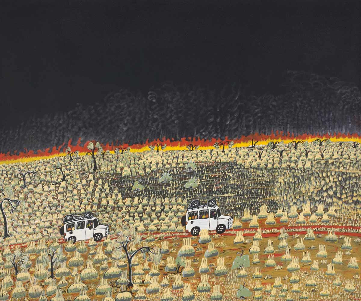 A painting depicting a black night sky and a landscape with clumps of grass and a few trees . Across this on a red earth road there are two four-wheel drives travelling each with a number of passengers inside and luggage on the roof. - click to view larger image