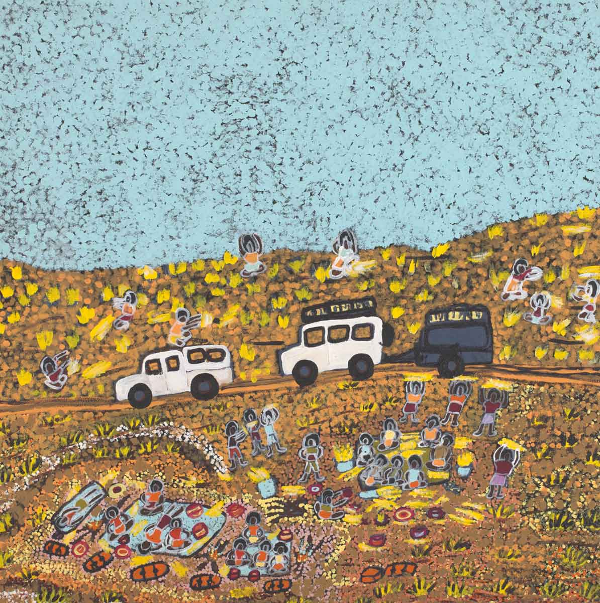 An acrylic painting on canvas showing two vehicles, one with a trailer, travelling on a road past a gathering of people. - click to view larger image