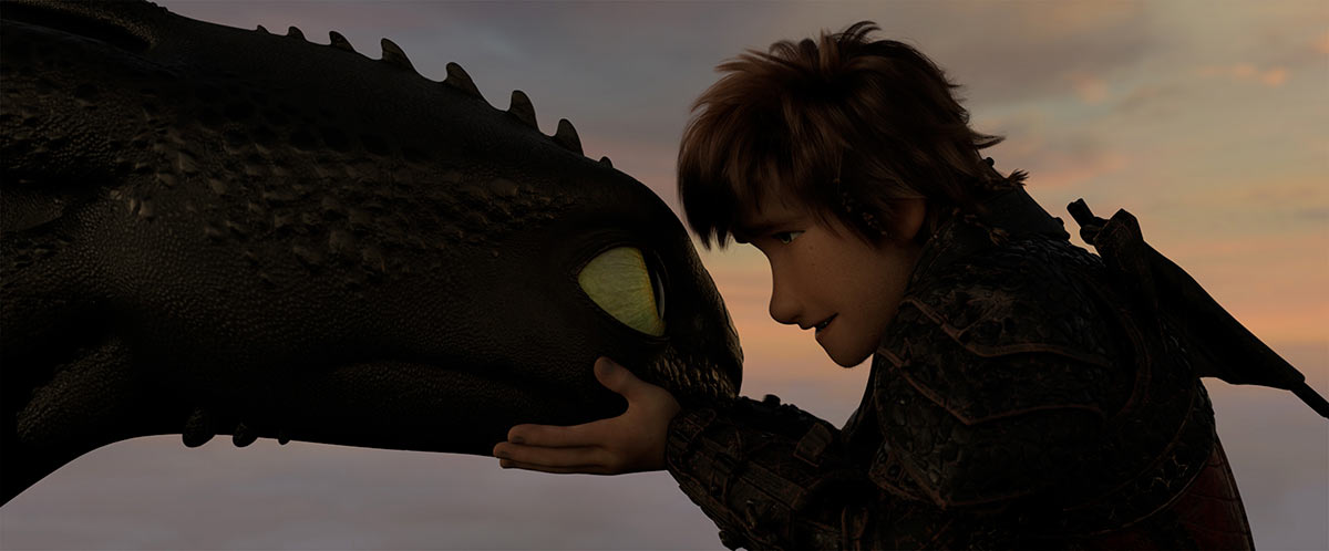 A still image from an animation film depicts a boy holding the face of a dragon with both his hands.