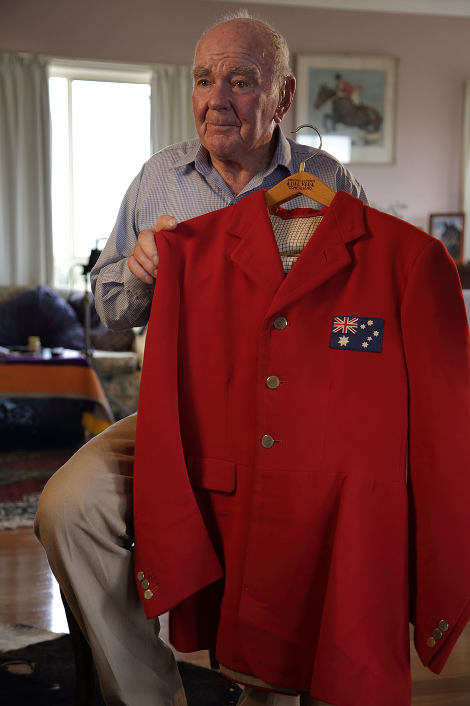 Neale Lavis and his Australian equestrian jacket ridden in the dressage and show jumping events at the Rome Olympics, 1960. - click to view larger image