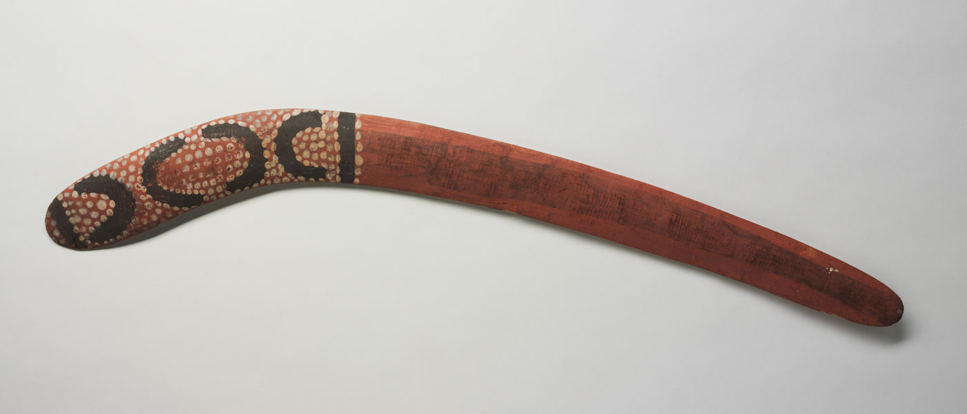 Old Man's Dreaming boomerang 1975 made by Mick Wallankarri Tjakamarra. - click to view larger image