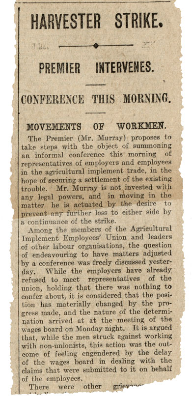 Newspaper clipping titled 'Harvester strike, Premier intervenes'.