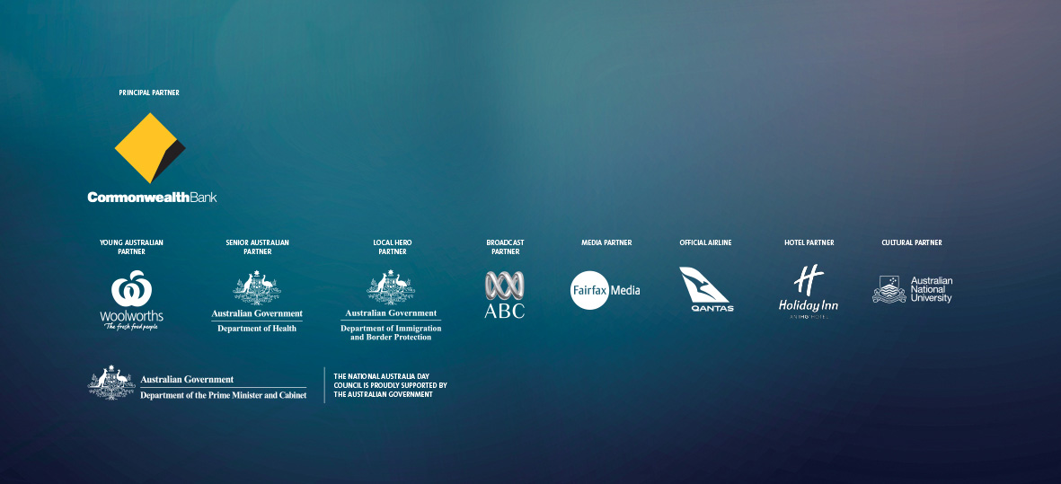 Logos of organisations supporting Australian of the Year 2018 including Commonwealth Bank, Woolworths, Australian Government Department of Health, Australian Government Department of Immigration and Border Protection, ABC, Fairfax Media, Qantas, Holiday Inn, Australian National University, Australian Government Department of the Prime Minister and Cabinet and The Australian Government.