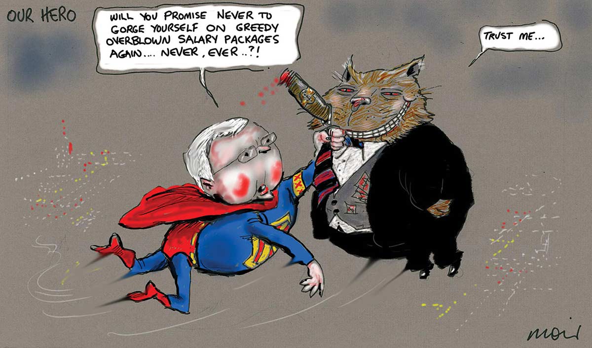 A colour cartoon depicting Kevin Rudd, dressed as a superhero with a red cape, flying high above a city. He holds by the tie a fat cat, dressed in a business suit and smoking a cigar. Mr Rudd says, 'Will you promise never to gorge yourself on greedy overblown salary packages again ... never ever... ?!' to which the grinning cat responds, 'Trust me ...'. - click to view larger image