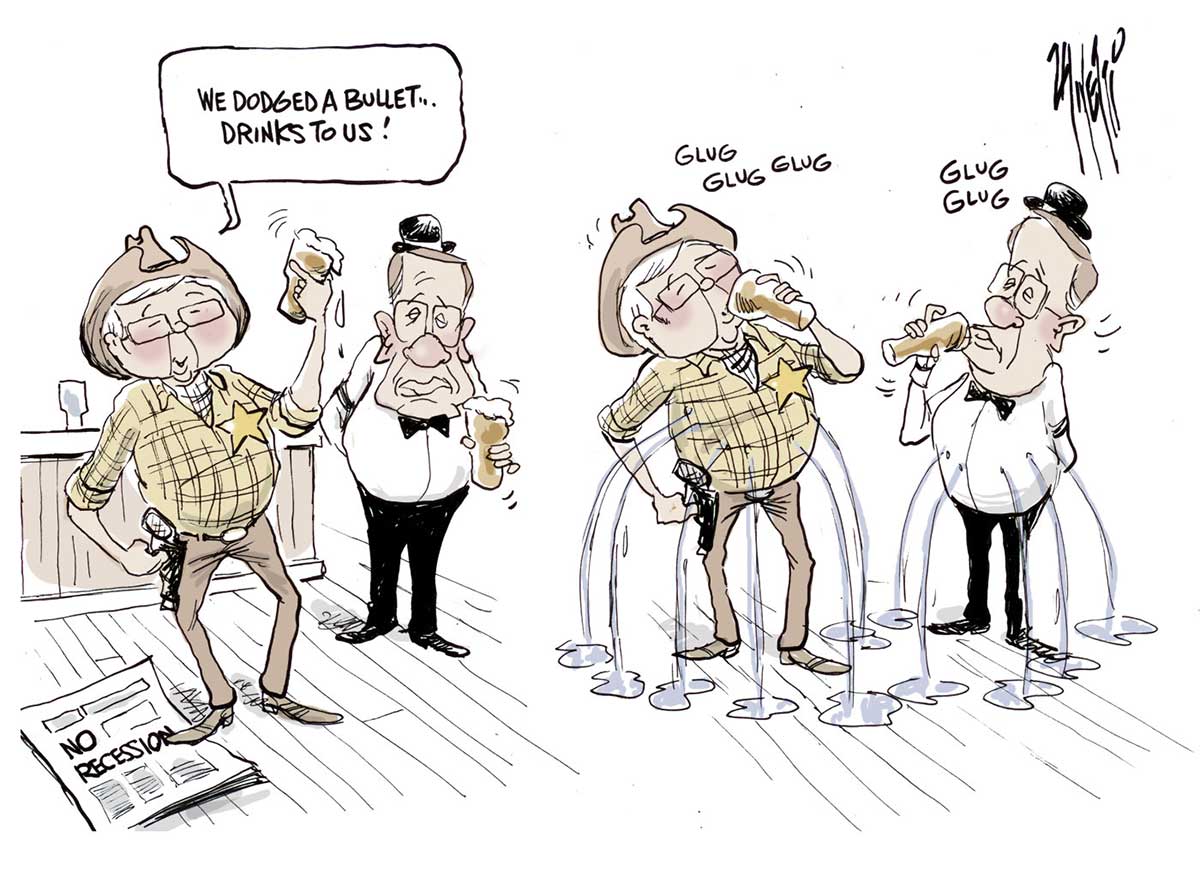 A colour cartoon depicting Kevin Rudd dressed as a sheriff, in checked shirt, hat and with a gun in holster, standing at a bar with a raised glass, telling Wayne Swan, who is dressed as a bartender, 'We dodged a bullet ... drinks to us!' Mr Rudd stands on a newspaper bearing the headline 'No recession'. In the next scene, as both men consume their drinks with a 'Glug, glug,' liquid pours from multiple bullet holes in their middles. - click to view larger image