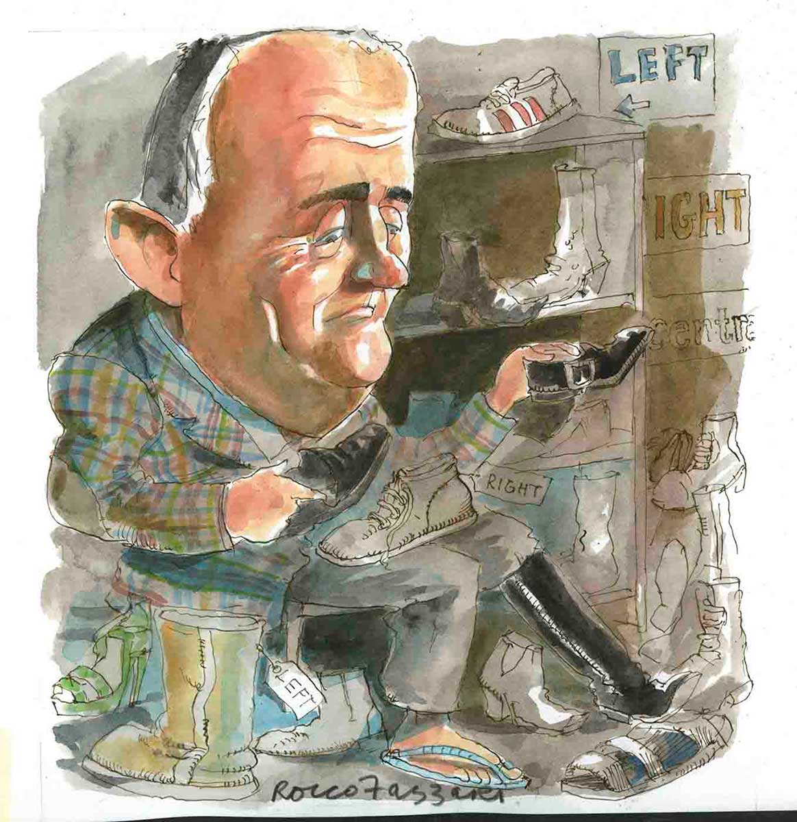 A colour illustration depicting Malcolm Turnbull sitting on a chair in a shoe shop. On the floor around him is an assortment of shoes including an ugg boot, a sandal, a stilleto and a boot. He wears a thong on his right foot and a knee-high boot on his left foot. He holds a shoe in each hand. The ugg boot has a label attached to it that says 'left'. A shoe on his lap has a label attached that says 'right'. In the background is a set of shelves that have more shoes on them. To the right of the shelves are three signs on the wall, that say (from top to bottom) 'left', 'right' and 'centre'. - click to view larger image