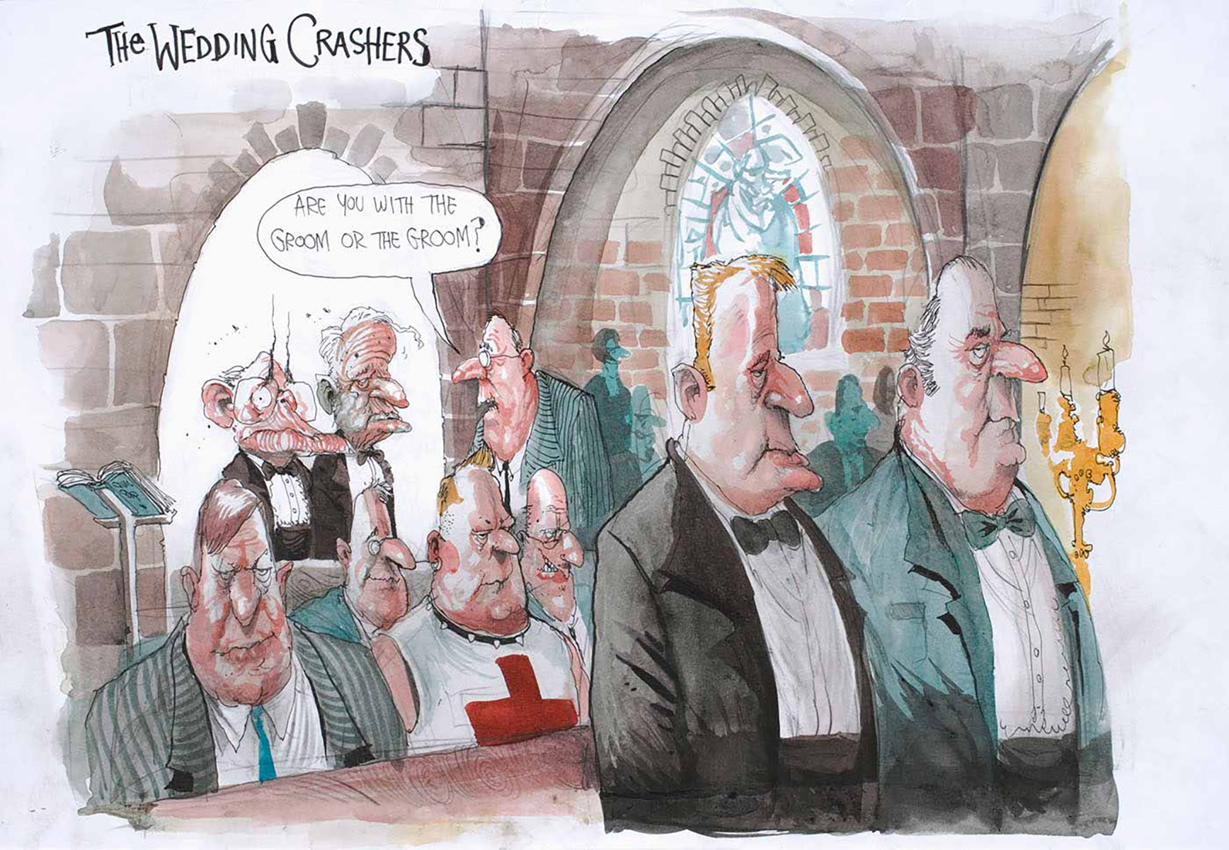 Political cartoon of John Howard and Phillip Ruddock attending Alan Jones's wedding.  The usher asks, 'Are you with the Groom of the Groom?' - click to view larger image