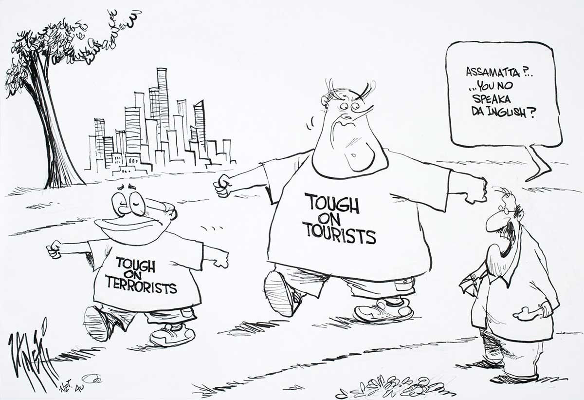Cartoon of John Howard wearing a t-shirt reading 'Tough on Terrorists', followed by Kim Beazley also wearing a t-shirt that reads 'Tough on Tourists'. A European man asks, 