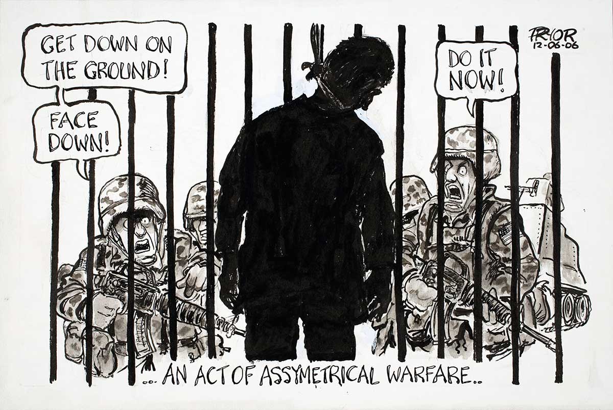 Cartoon of a man that has hung himself in front of a gate and army soldiers commanding the man to get down on the ground. - click to view larger image