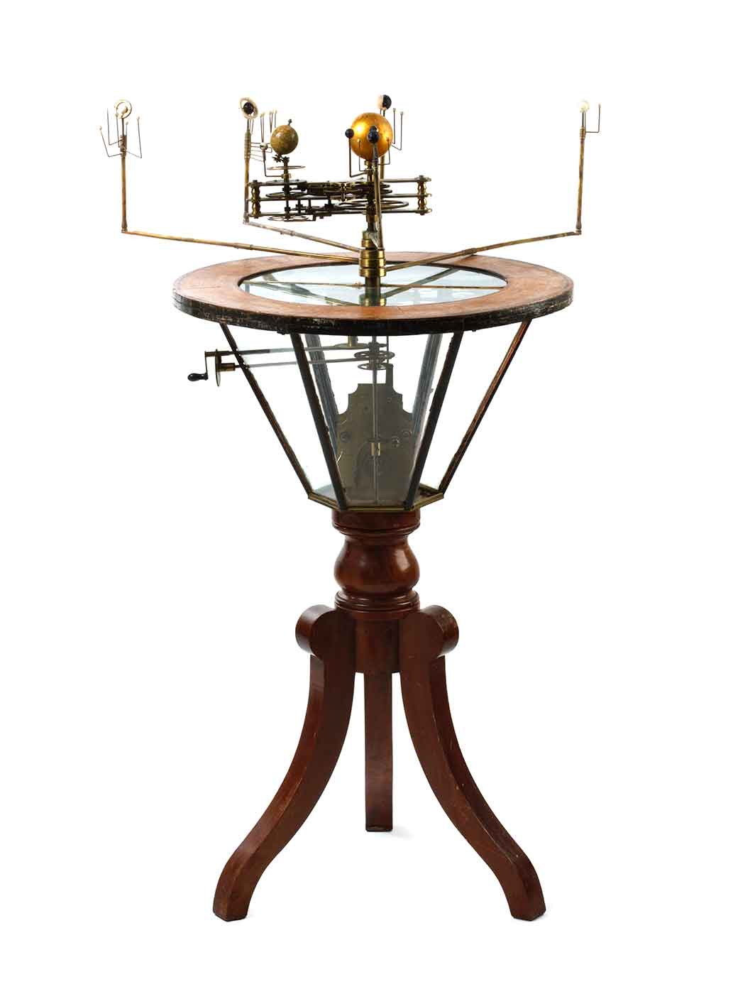 Cropped image of a contraption featuring a globe fixed to brass cogs and other various mechanical pieces. - click to view larger image