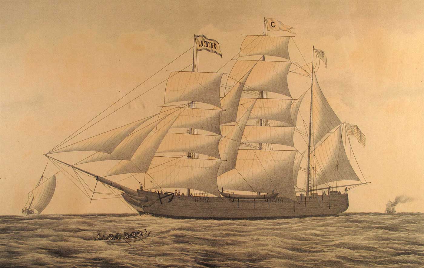 Illustration of an 19th Century sailing ship at sea. - click to view larger image
