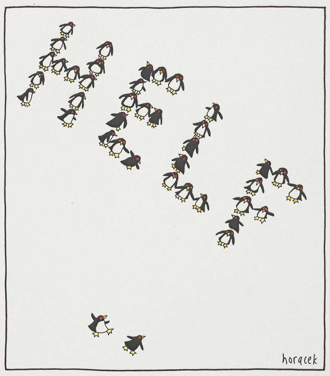 A colour cartoon depicting a group of penguins, seen from above. They are forming themselves into the word 'help'. The first three letters of the word are complete. The letter 'p' is incomplete - it looks like a letter 'f'. Two penguins approach the last letter from the bottom centre of the cartoon, intent on helping to complete the letter. - click to view larger image