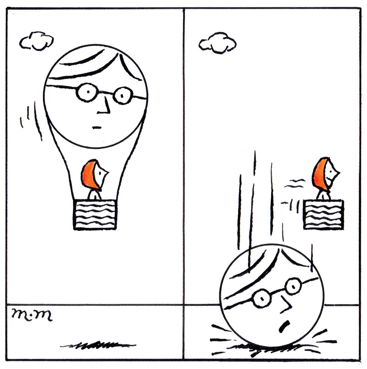 A mostly black and white cartoon that has two panels. In the left panel, Julia Gillard is seen in the basket of a balloon that drifts along just above the ground. The balloon is Kevin Rudd's head. In the right panel, the balloon has detached from the basket and fallen to the ground. There is an expression of shock on Rudd's face. The basket with Gillard continues to drift along above the ground. A smile plays across her face. - click to view larger image
