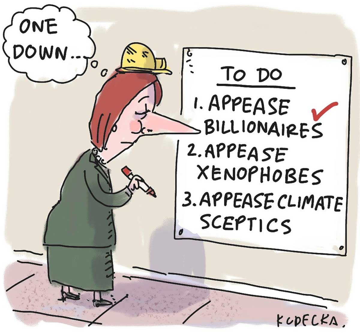 A colour cartoon depicting Julia Gillard standing in front of a list on a wall. She wears a green dress and jacket, and a yellow miner's helmet. She holds a marker pen in her right hand. On the list is written 'To Do 1. Appease Billionaires 2. Appease Xenophobes 3. Appease Climate Sceptics'. Item 1 is ticked off on the list. A thought bubble appears near her head. In it is written 'One down ...'. - click to view larger image