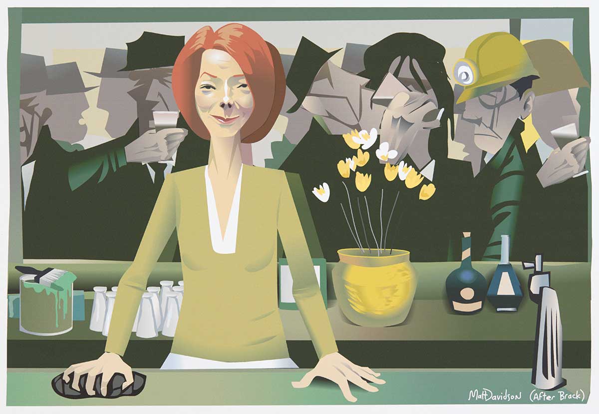 A colour cartoon depicting Julia Gillard as a barmaid in a hotel. She stands to the left of the cartoon, facing the viewer. Behind her is a bench with sundry items on it, such as a flower pot with yellow flowers and two bottles. Behind her can be seen some of the patrons of the hotel. They are all men. Some wear hats; two of them wear miner's helmets. Their faces are somewhat grim. Gillard's expression is slightly smug and mischievous. - click to view larger image