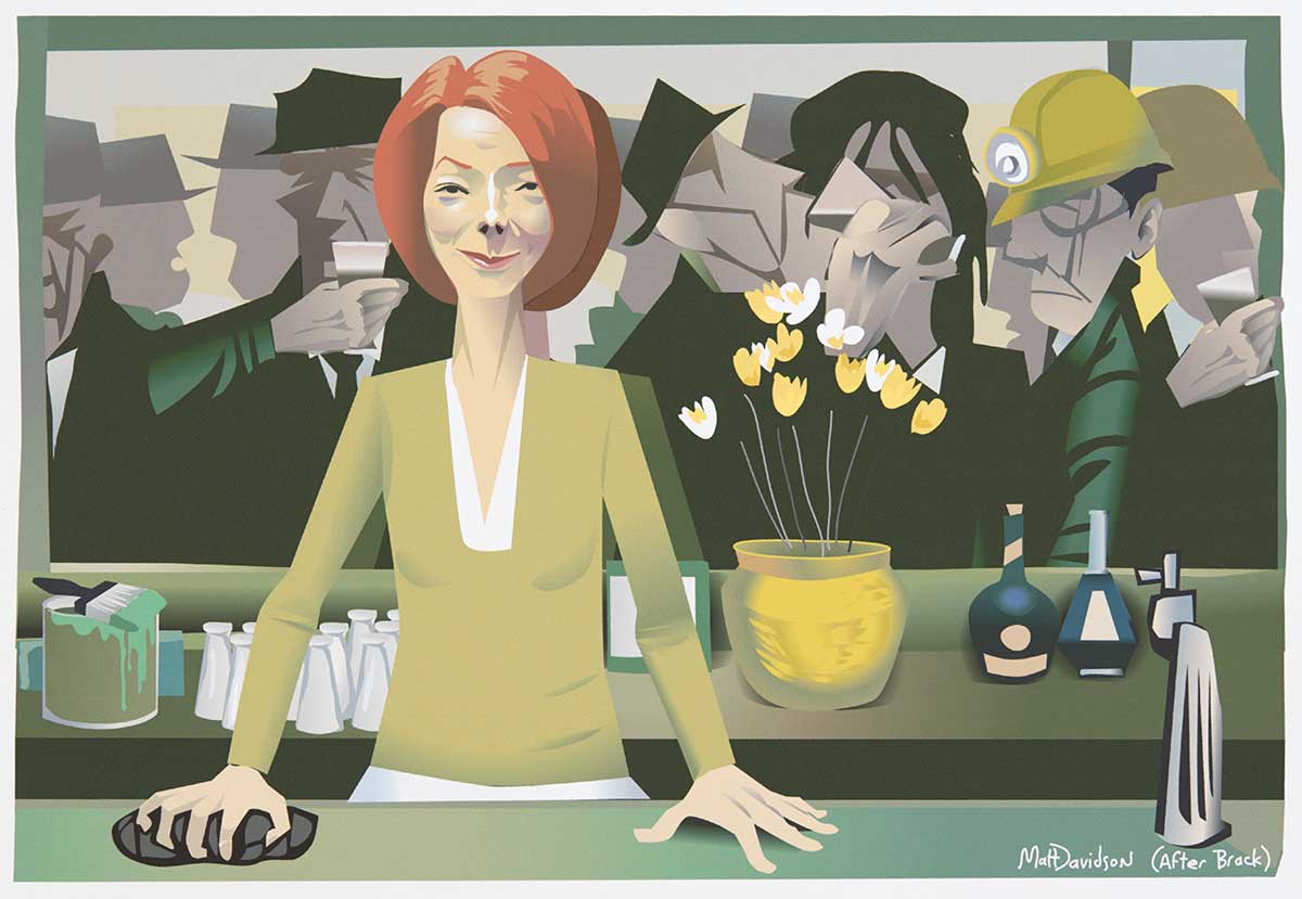 Political cartoon depicting Julia Gillard as a barmaid in a hotel. She stands to the left of the cartoon, facing the viewer. Behind her is a bench with sundry items on it, such as a flower pot with yellow flowers and two bottles. Behind her can be seen some of the patrons of the hotel. They are all men. Some wear hats; two of them wear miner's helmets. Their faces are somewhat grim. Gillard's expression is slightly smug and mischievous. - click to view larger image