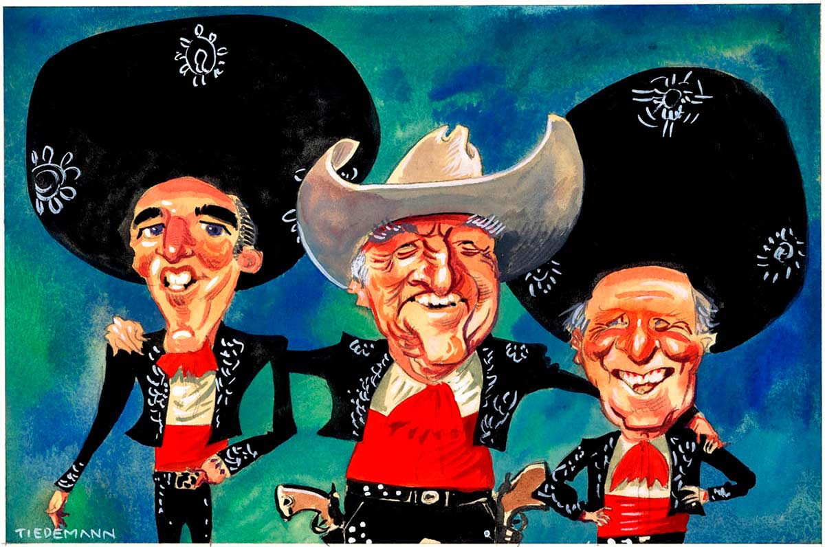 Political cartoon depicting Rob Oakeshott, Bob Katter and Tony Windsor. They all wear black Mexican cowboy suits, with red shirts. Oakeshott and Windsor wear black Mexican sombreros, while Katter wears his trademark white cowboy hat. Katter stands between Oakeshott and Windsor; he wears a pair of pistols in holsters on his hips. He has his arms around the other two. All three smile broadly. - click to view larger image