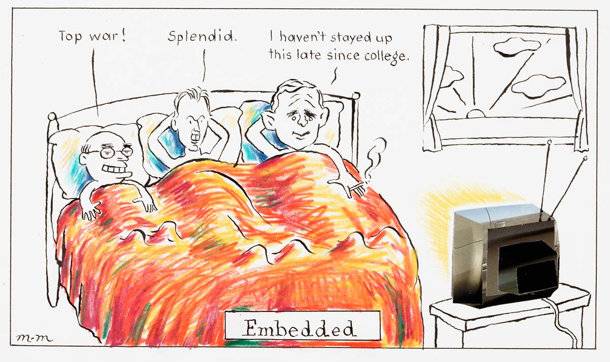 A cartoon titled 'Embedded'. John Howard, Tony Blair, and George bush are together in bed, watching television. They are saying 'Top war!', 'Splendid', and 'I haven't stayed up this late since college'. - click to view larger image
