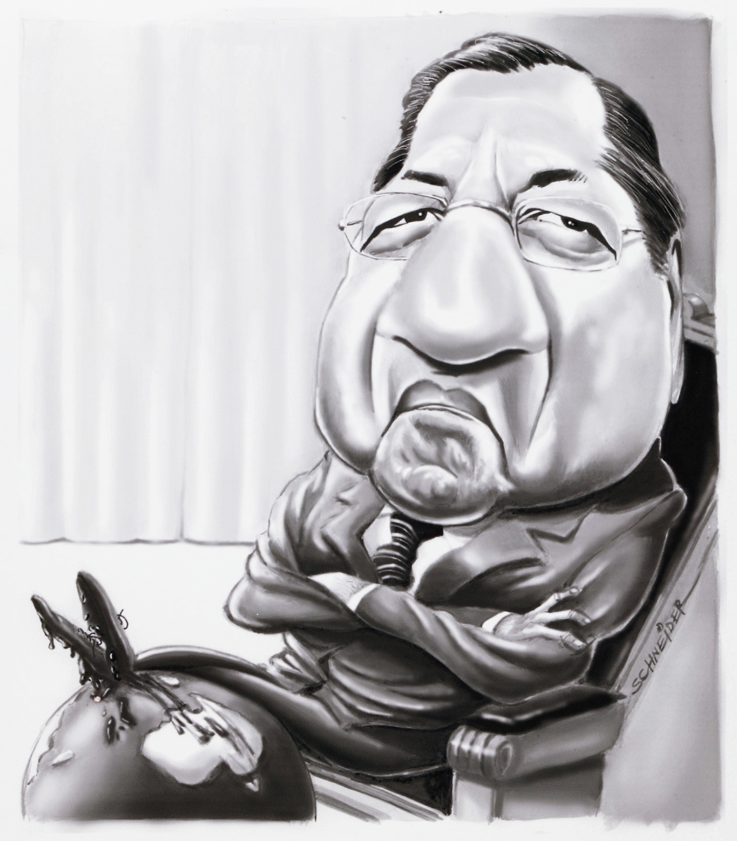 A cartoon depicting Mahathir Mohamad sitting in a chair with his arms crossed. His feel rest on a globe, with blood dripping off his shoes over South East Asia and Australia. - click to view larger image