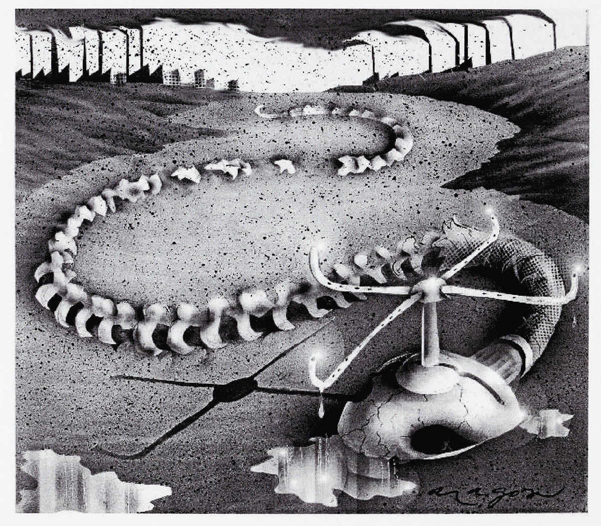 Cartoon of a coiled snake skeleton in the dry earth. I'm place of a head, it has a sprinkler. - click to view larger image