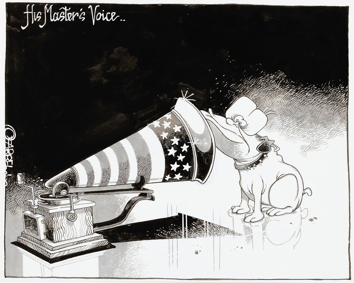 A cartoon featuring John Howard as a dog, listening from close range to a gramophone decorated with the flag of the United States.. - click to view larger image