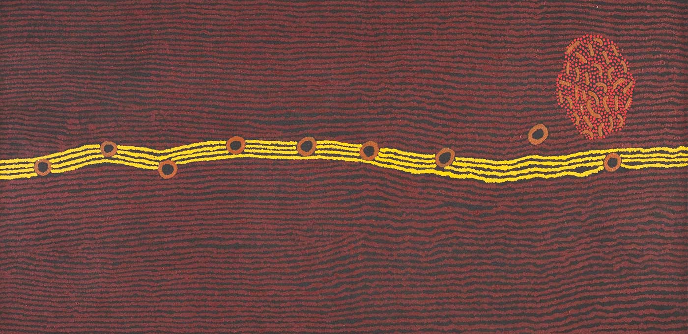 Painting depicting multiple horizontal lines and other forms in ochre colours.