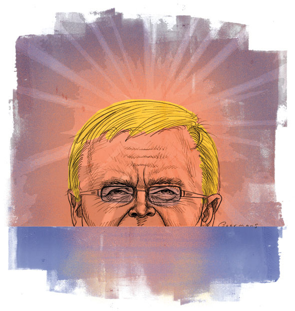 The top three-quarters of Kevin Rudd's head rising above the horizon. The foreground is blue and the sky above the horizon is shades of pink and purple. Rudd is visible from just above his top lip. He wears glasses and has bright yellow hair. Rays of light project up and out from the top of his head. - click to view larger image
