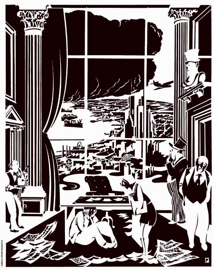A boardroom interior with a floor-to-ceiling window, which shows a modern city with a busy port. A dark storm cloud rolls in from the left horizon. A butler enters from the left, a man hides under the table in the centre, a woman to the right looks at him, a man further right looks glum and behind him a man in top hat, tails and striped trousers looks at the scene beyond the window. The entire cartoon has been rendered in a 'tone dropout' style – black and white with no shades of grey. - click to view larger image