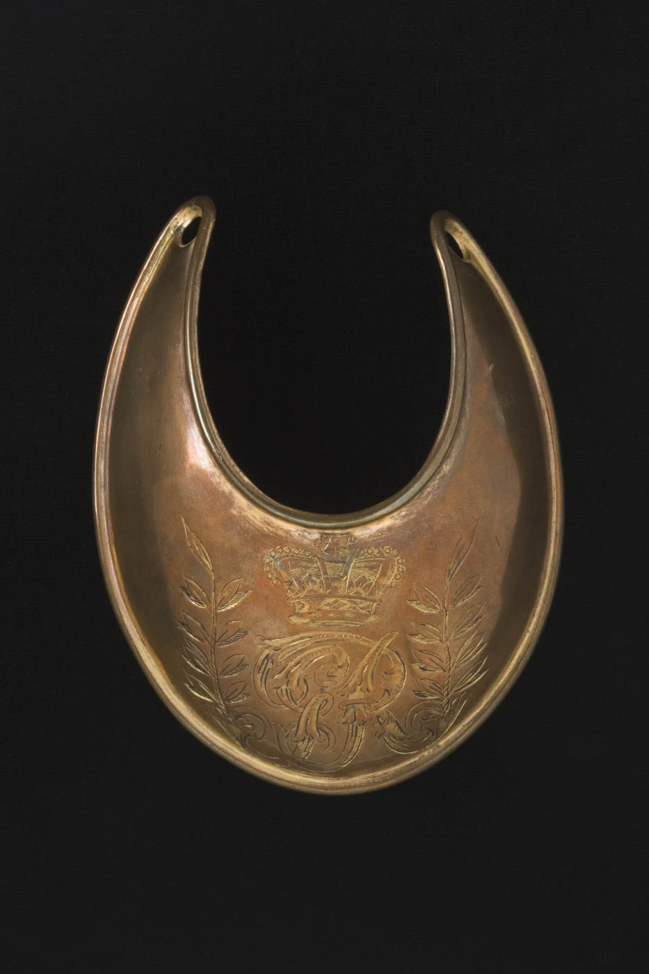 Convex crescentic gorget (breastplate) with tapering arms, made of plated thin brass or copper.